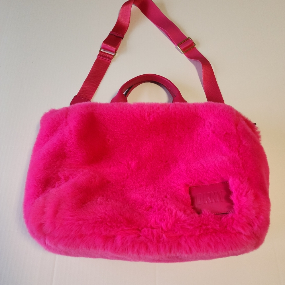 DKNY Hadlee Medium Tote Hot Pink Faux Fur with Shoulder Strap Bag - Picture 2 of 15